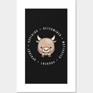 cute chinese zodiac | year of the ox | personality traits | aspiring, determined, motivated, prudent, upright Posters and Art